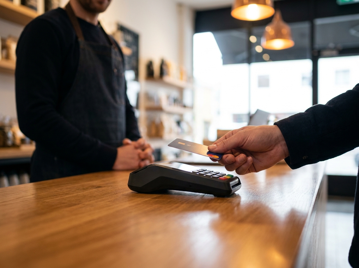 Customer tapping a credit card on a payment terminal at a retail store